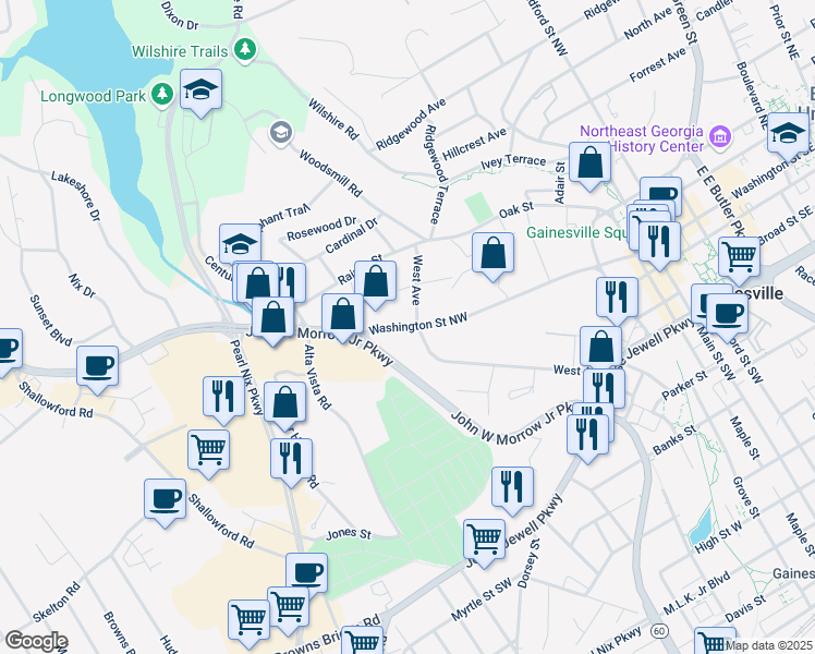 map of restaurants, bars, coffee shops, grocery stores, and more near 226 West Avenue in Gainesville