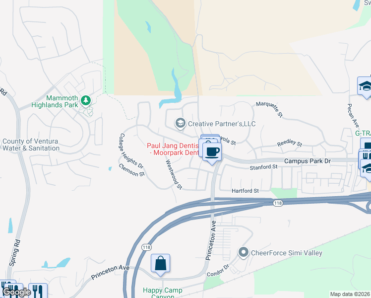 map of restaurants, bars, coffee shops, grocery stores, and more near 14466 Loyola Street in Moorpark