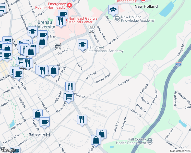 map of restaurants, bars, coffee shops, grocery stores, and more near 1039 Cloverdale Street Southeast in Gainesville