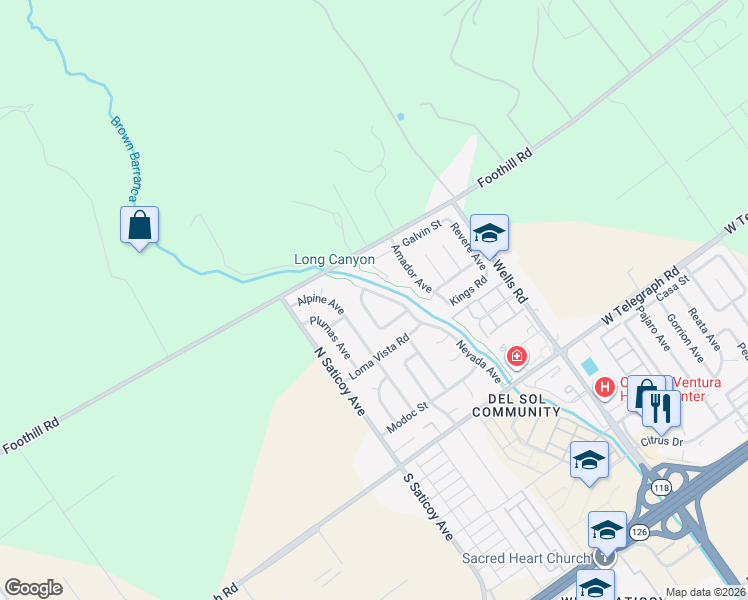 map of restaurants, bars, coffee shops, grocery stores, and more near 387 Nevada Avenue in Ventura