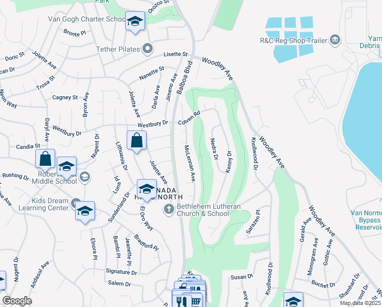 map of restaurants, bars, coffee shops, grocery stores, and more near 12500 McLennan Avenue in Los Angeles
