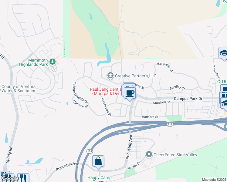 map of restaurants, bars, coffee shops, grocery stores, and more near 14466 Loyola Street in Moorpark