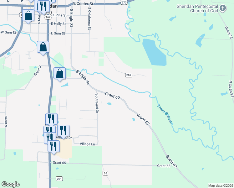map of restaurants, bars, coffee shops, grocery stores, and more near Grant 67 in Sheridan