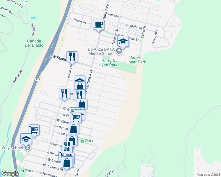 map of restaurants, bars, coffee shops, grocery stores, and more near 1750 North Ventura Avenue in Ventura