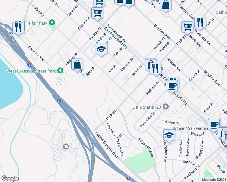 map of restaurants, bars, coffee shops, grocery stores, and more near Nurmi Street in Los Angeles