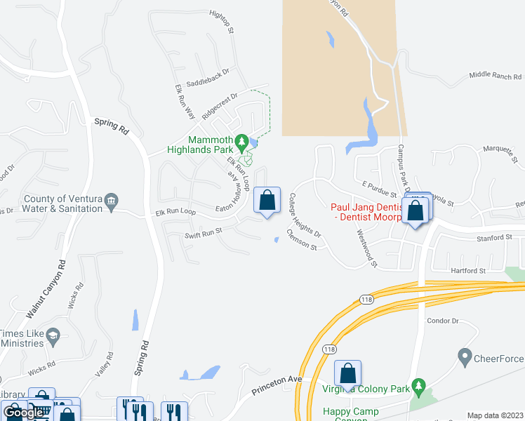 map of restaurants, bars, coffee shops, grocery stores, and more near 6782 Bountiful Lane in Moorpark