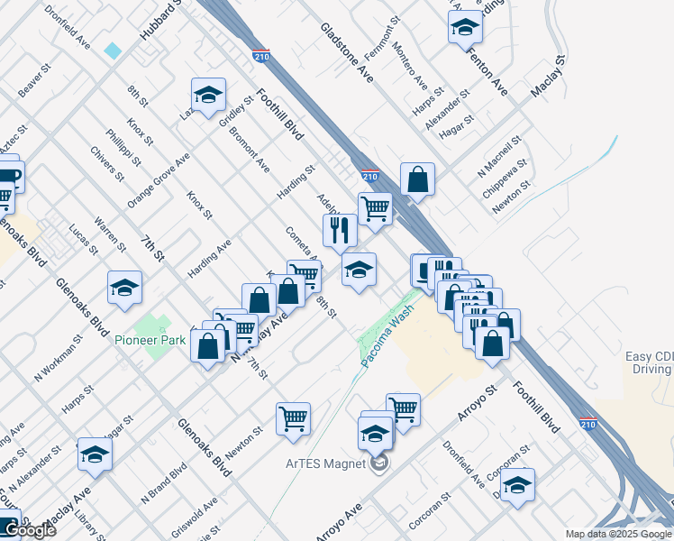 map of restaurants, bars, coffee shops, grocery stores, and more near 13254 Maclay Street in San Fernando
