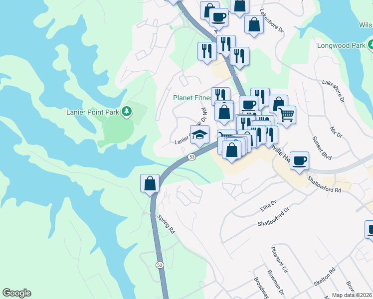 map of restaurants, bars, coffee shops, grocery stores, and more near 1822 Lanier Springs Drive Northwest in Gainesville