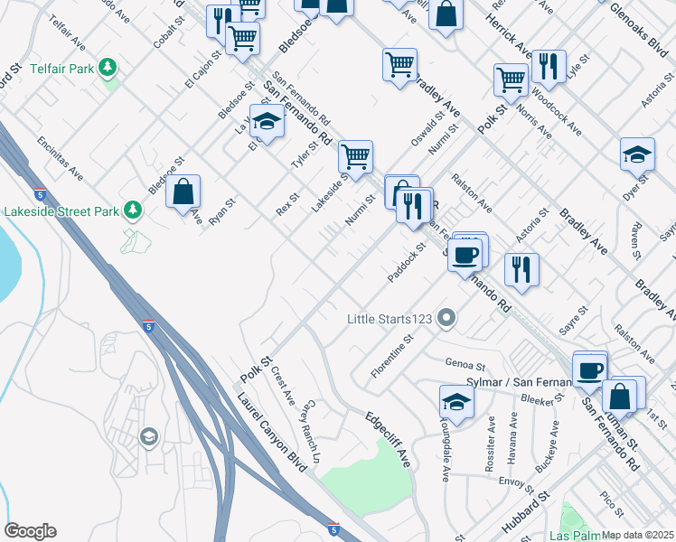 map of restaurants, bars, coffee shops, grocery stores, and more near 15131 Polk Street in Los Angeles