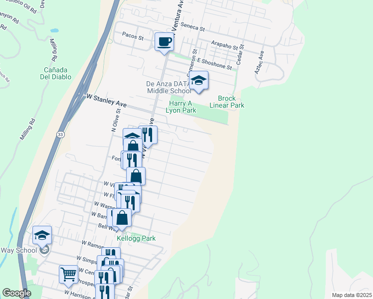 map of restaurants, bars, coffee shops, grocery stores, and more near 232 Comstock Drive in Ventura