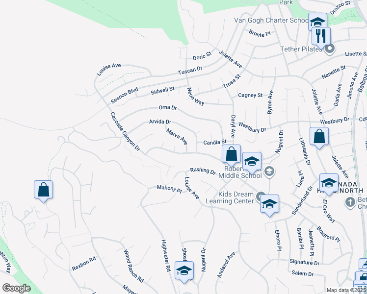 map of restaurants, bars, coffee shops, grocery stores, and more near 12415 Marva Avenue in Los Angeles