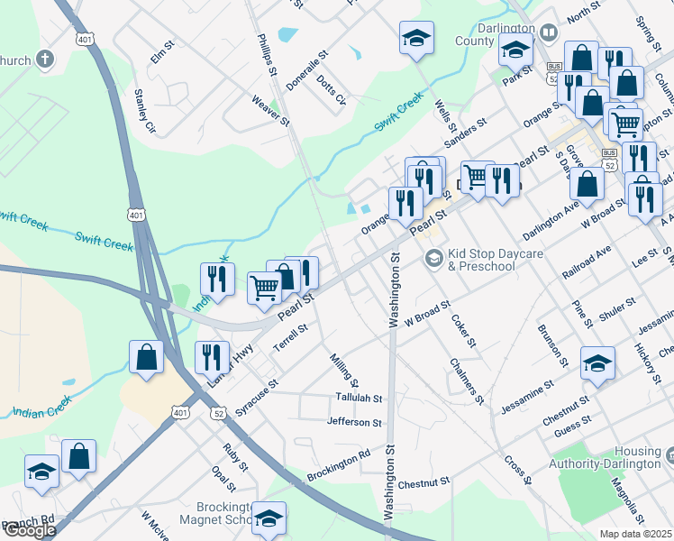 map of restaurants, bars, coffee shops, grocery stores, and more near 102 Calhoun Street in Darlington