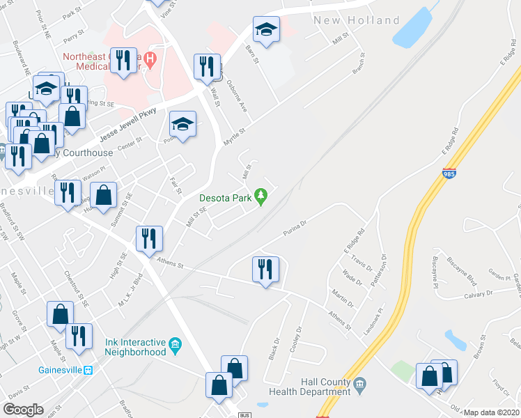 map of restaurants, bars, coffee shops, grocery stores, and more near 1112-1142 Desota Street Southeast in Gainesville