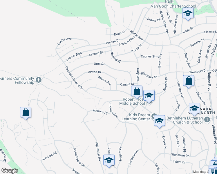 map of restaurants, bars, coffee shops, grocery stores, and more near 12415 Marva Avenue in Los Angeles