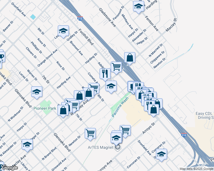 map of restaurants, bars, coffee shops, grocery stores, and more near 13254 Maclay Street in San Fernando