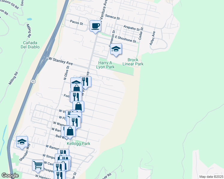 map of restaurants, bars, coffee shops, grocery stores, and more near 1750 North Ventura Avenue in Ventura