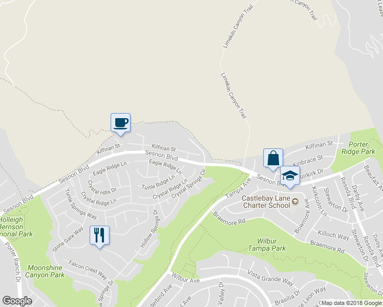 map of restaurants, bars, coffee shops, grocery stores, and more near 19330 Kilfinan Street in Los Angeles