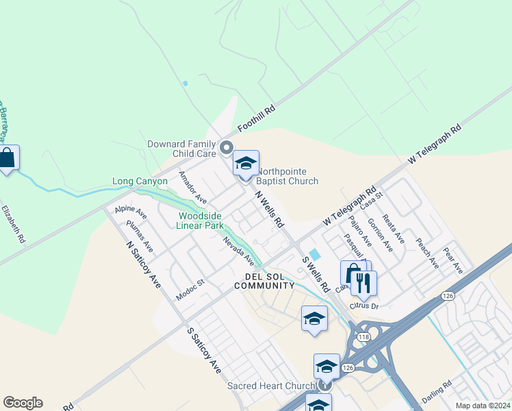 map of restaurants, bars, coffee shops, grocery stores, and more near 10997 Del Norte Street in Ventura