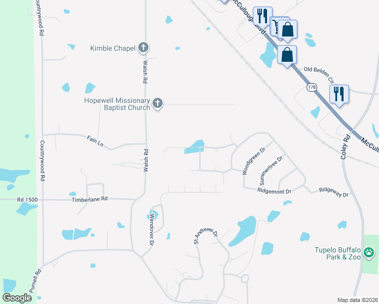 map of restaurants, bars, coffee shops, grocery stores, and more near 4630 Ridgemoor Dr in Tupelo