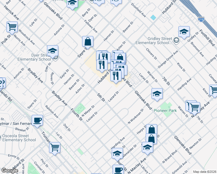 map of restaurants, bars, coffee shops, grocery stores, and more near 655 North Meyer Street in San Fernando