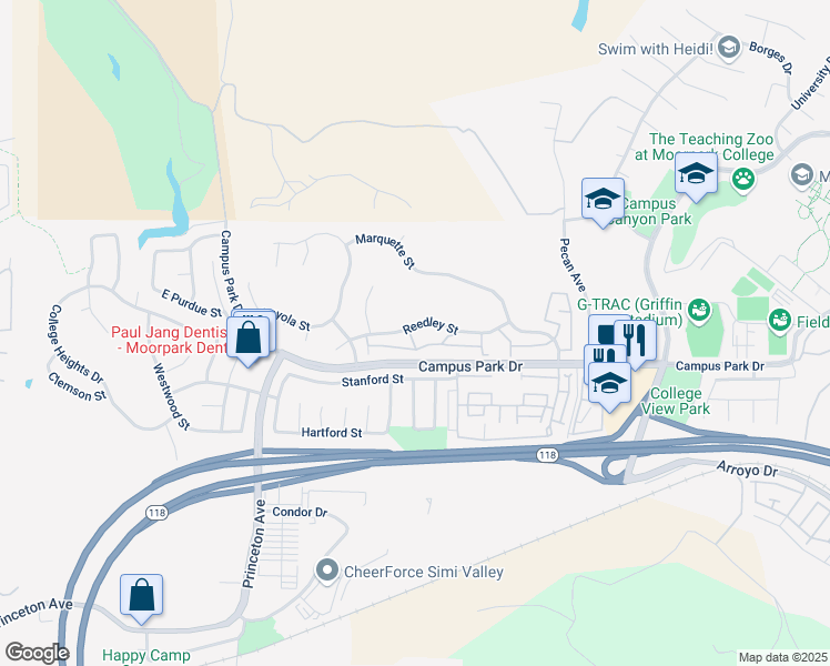 map of restaurants, bars, coffee shops, grocery stores, and more near 14886 Reedley Street in Moorpark