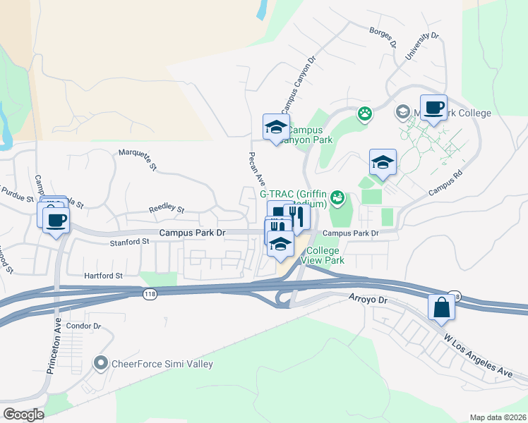 map of restaurants, bars, coffee shops, grocery stores, and more near 6733 Pecan Avenue in Moorpark