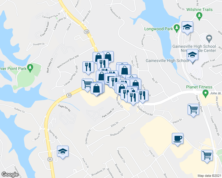 map of restaurants, bars, coffee shops, grocery stores, and more near 821 Dawsonville Highway in Gainesville