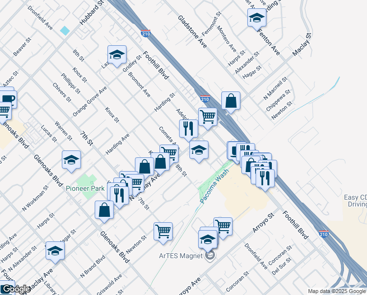 map of restaurants, bars, coffee shops, grocery stores, and more near 13277 Maclay Street in San Fernando