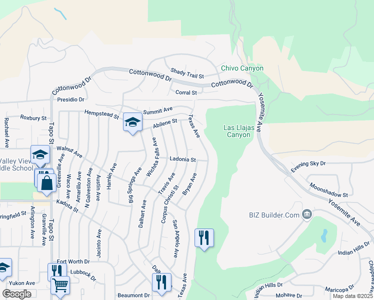 map of restaurants, bars, coffee shops, grocery stores, and more near 3438 Travis Avenue in Simi Valley
