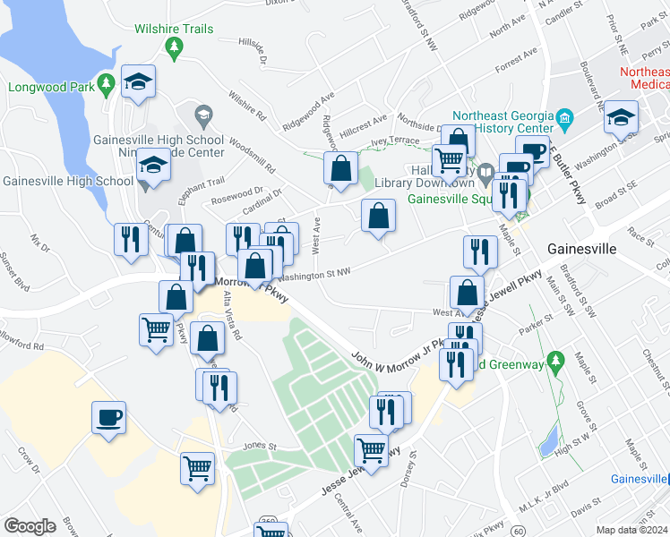 map of restaurants, bars, coffee shops, grocery stores, and more near 226 West Avenue in Gainesville