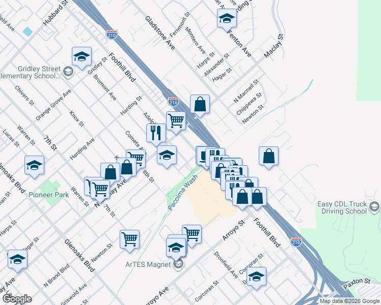map of restaurants, bars, coffee shops, grocery stores, and more near 423 Foothill Boulevard in Los Angeles