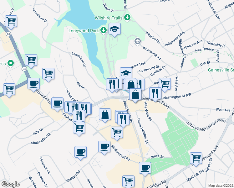 map of restaurants, bars, coffee shops, grocery stores, and more near 250 Dawsonville Highway in Gainesville