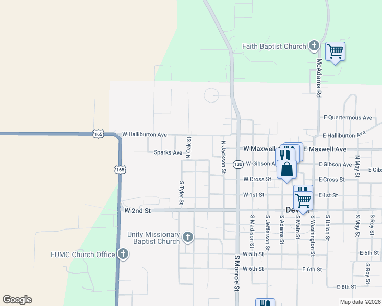 map of restaurants, bars, coffee shops, grocery stores, and more near 222 North Oak Street in DeWitt