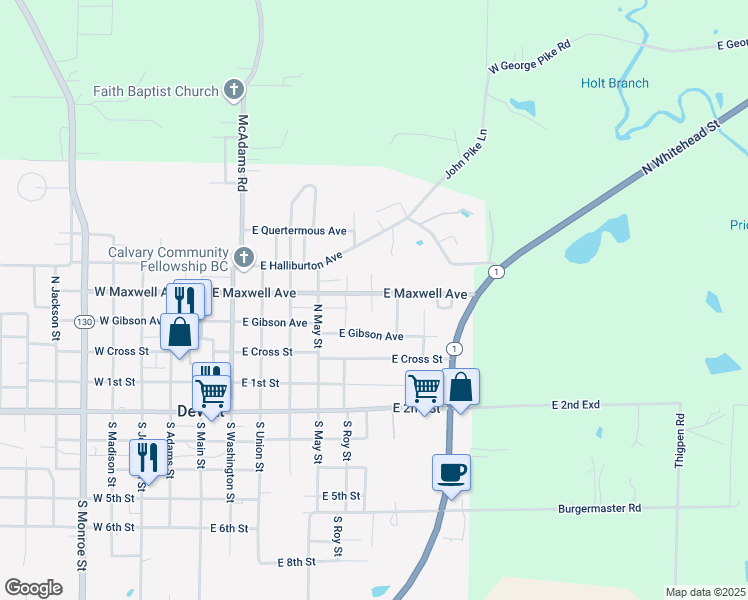 map of restaurants, bars, coffee shops, grocery stores, and more near 701-711 East Maxwell Avenue in DeWitt