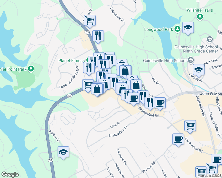 map of restaurants, bars, coffee shops, grocery stores, and more near 821 Dawsonville Highway in Gainesville