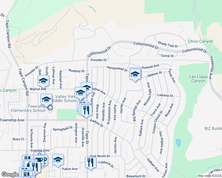 map of restaurants, bars, coffee shops, grocery stores, and more near 3448 Amarillo Avenue in Simi Valley