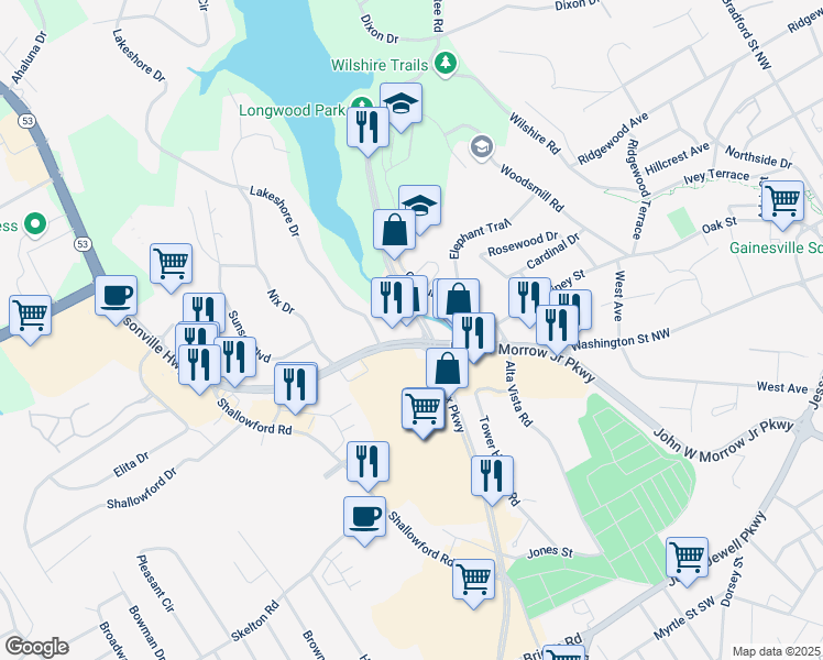 map of restaurants, bars, coffee shops, grocery stores, and more near 250 Dawsonville Highway in Gainesville
