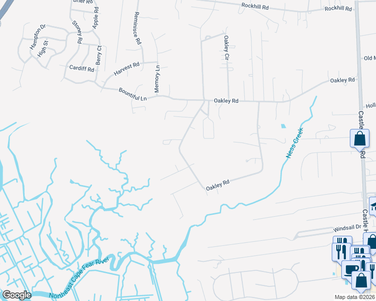 map of restaurants, bars, coffee shops, grocery stores, and more near 2006 Oakley Road in Castle Hayne