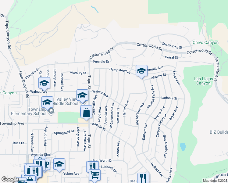 map of restaurants, bars, coffee shops, grocery stores, and more near 3448 Amarillo Avenue in Simi Valley