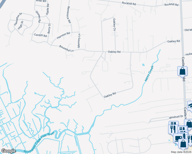 map of restaurants, bars, coffee shops, grocery stores, and more near 2006 Oakley Road in Castle Hayne