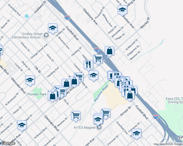 map of restaurants, bars, coffee shops, grocery stores, and more near 13254 Maclay Street in San Fernando