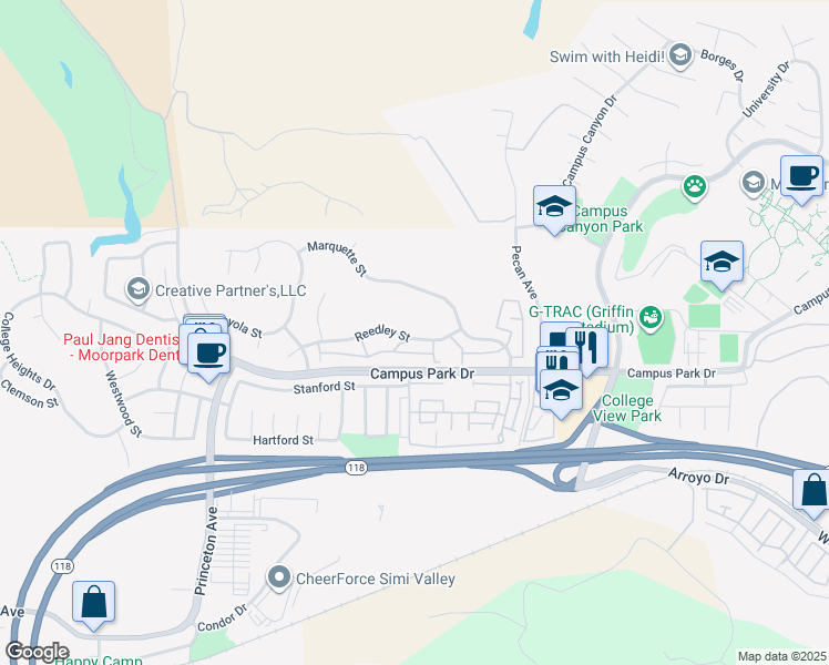 map of restaurants, bars, coffee shops, grocery stores, and more near 14961 Reedley Street in Moorpark