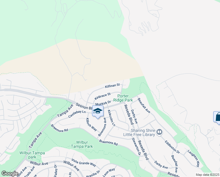 map of restaurants, bars, coffee shops, grocery stores, and more near 18900 Kilfinan Street in Los Angeles