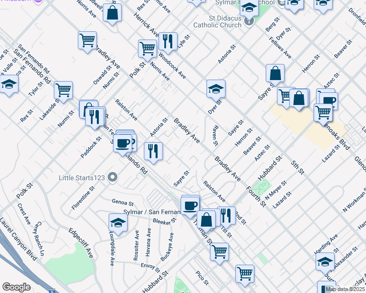 map of restaurants, bars, coffee shops, grocery stores, and more near 12523 Bradley Avenue in Los Angeles