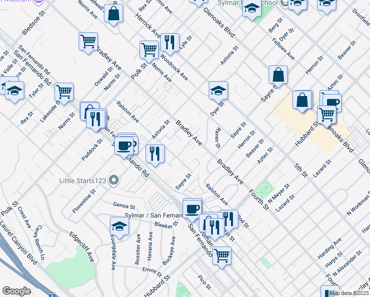 map of restaurants, bars, coffee shops, grocery stores, and more near 12452 Ralston Avenue in Los Angeles