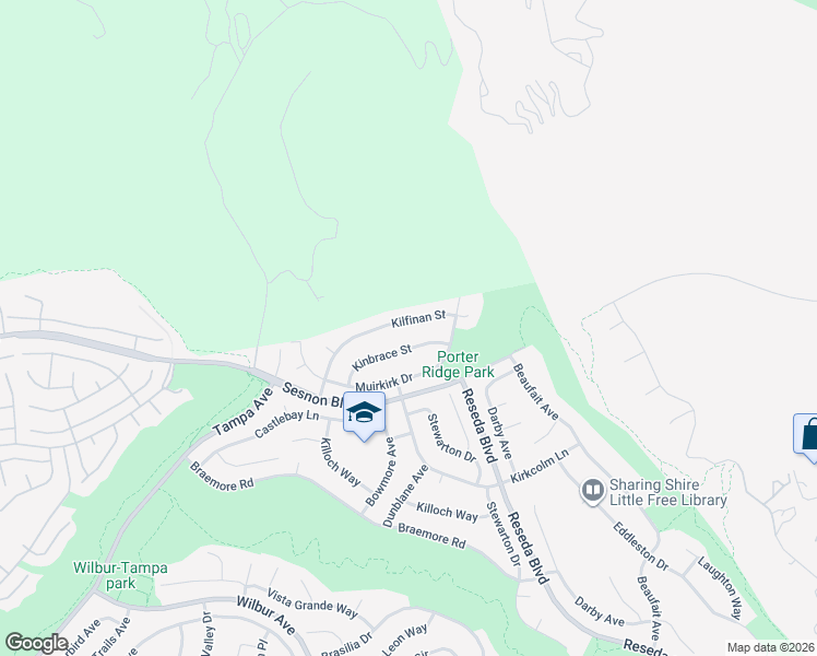 map of restaurants, bars, coffee shops, grocery stores, and more near 18900 Kilfinan Street in Los Angeles