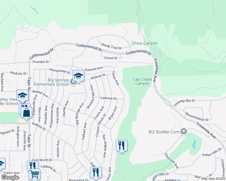 map of restaurants, bars, coffee shops, grocery stores, and more near 3475 Texas Avenue in Simi Valley