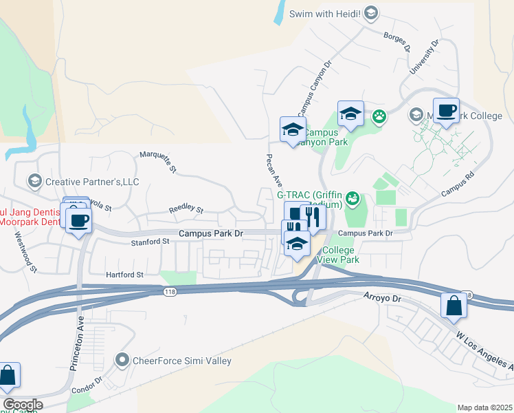map of restaurants, bars, coffee shops, grocery stores, and more near 15135 Marquette Street in Moorpark