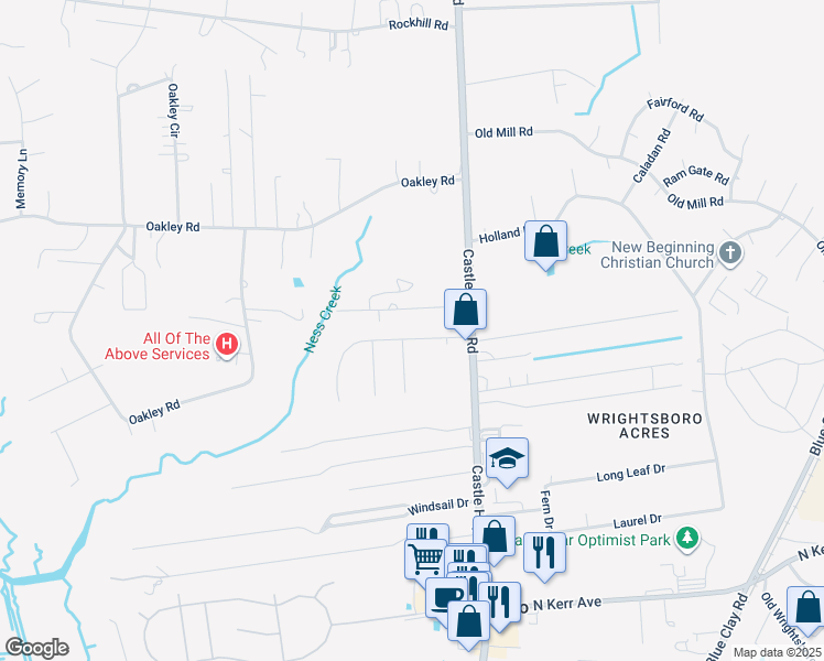 map of restaurants, bars, coffee shops, grocery stores, and more near 1905 North County Drive in Castle Hayne