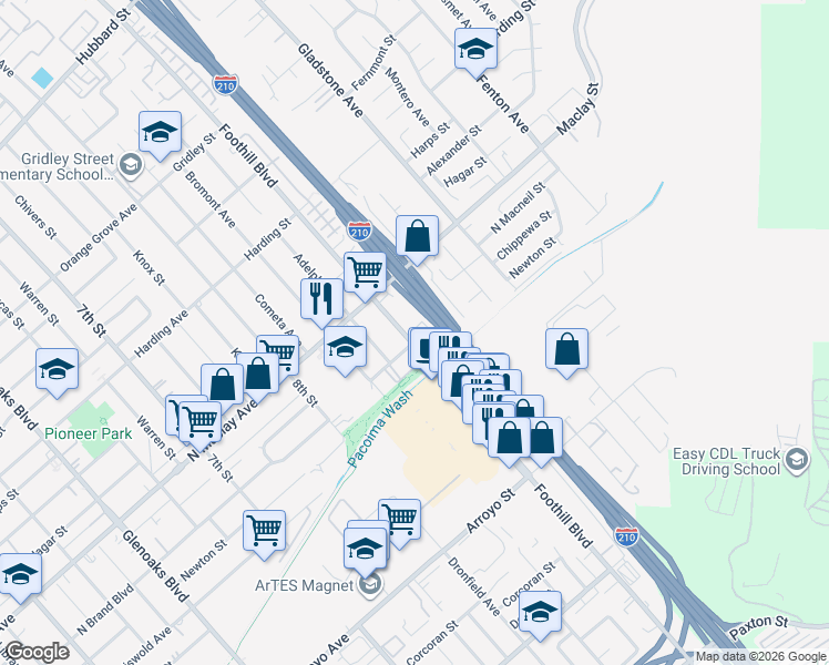map of restaurants, bars, coffee shops, grocery stores, and more near 423 Foothill Boulevard in Los Angeles